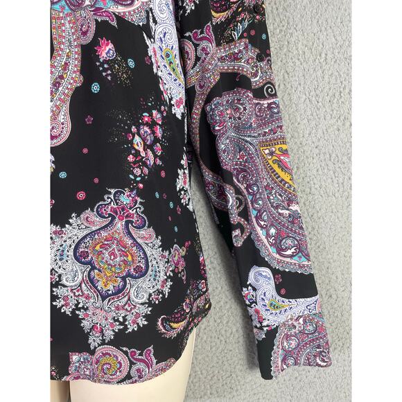 Express Women’s Paisley Button Down Shirt XS Black Multicolor Boho Blouse - Picture 9 of 10